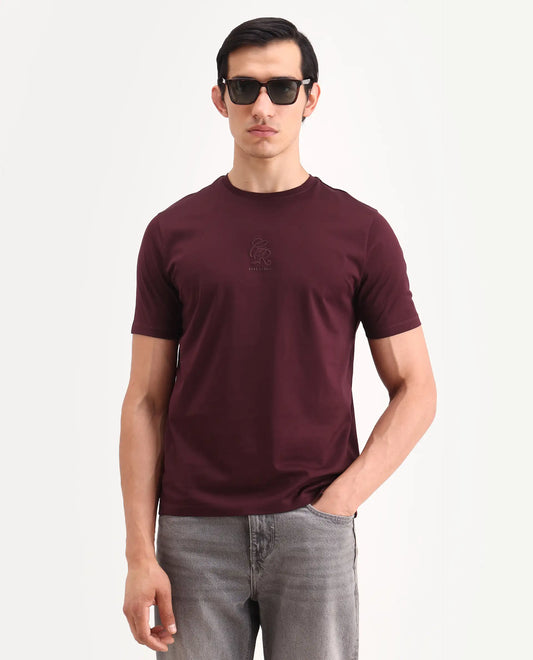 Rare Rabbit Men's Ject-S26 Maroon Cotton Fabric Half Sleeve Crew Neck Regular Fit Embroidered T-Shirt