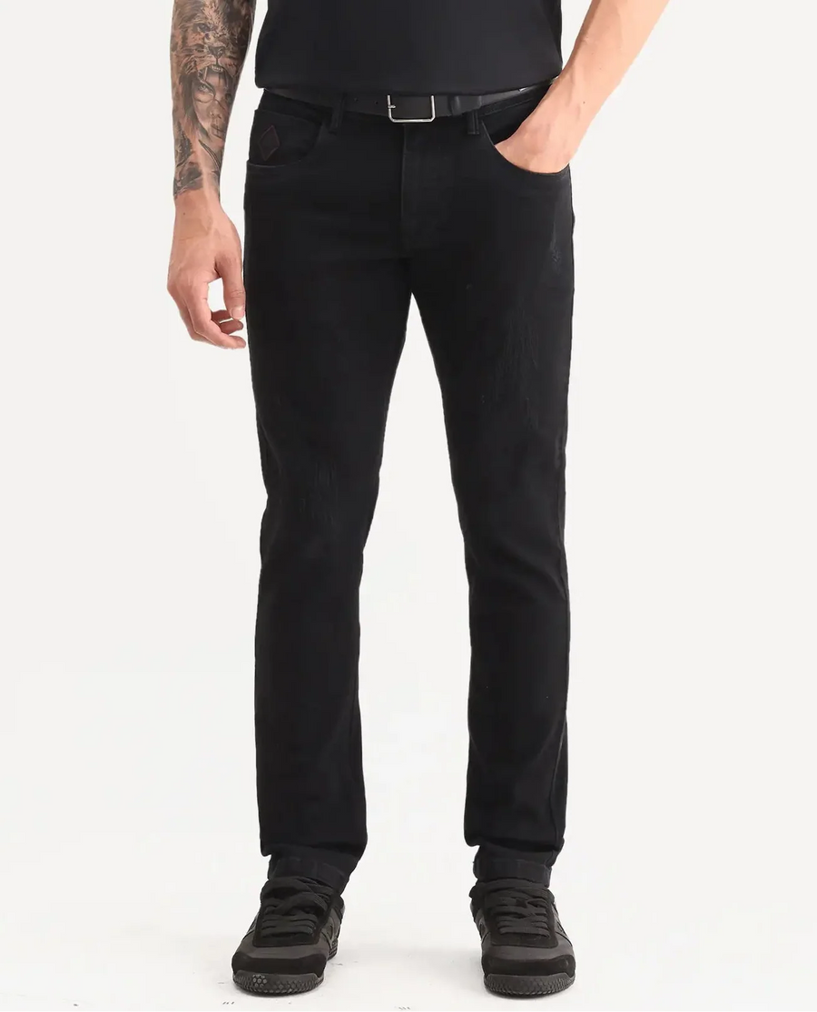 Rare Rabbit Men's Astra Bh Black Cotton Blend Fabric Shank And Zipper Hawk Slim Plain Jeans