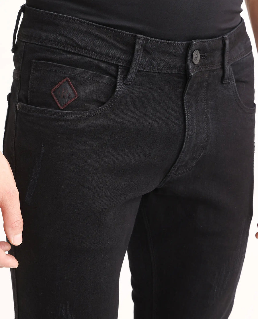 Rare Rabbit Men's Astra Bh Black Cotton Blend Fabric Shank And Zipper Hawk Slim Plain Jeans