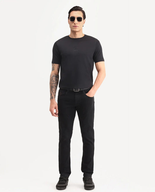 Rare Rabbit Men's Astra Bh Black Cotton Blend Fabric Shank And Zipper Hawk Slim Plain Jeans