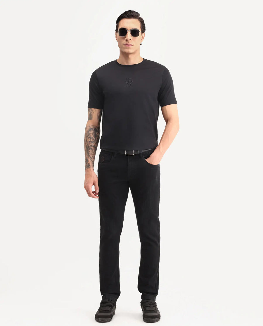 Rare Rabbit Men's Astra Bh Black Cotton Blend Fabric Shank And Zipper Hawk Slim Plain Jeans