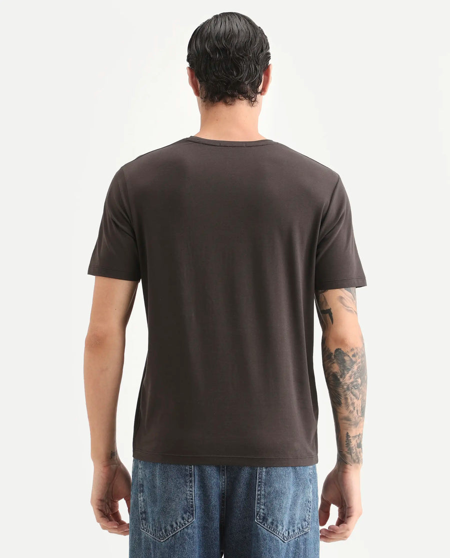 Rare Rabbit Men's Kast Dusky Brown Cotton Blend Fabric Half Sleeve Crew Neck Regular Fit Graphic Print T-Shirt
