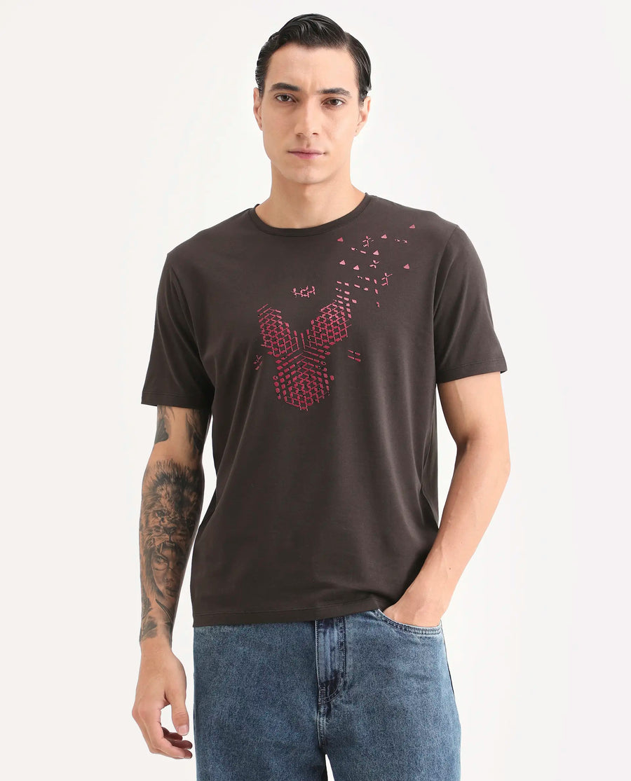 Rare Rabbit Men's Kast Dusky Brown Cotton Blend Fabric Half Sleeve Crew Neck Regular Fit Graphic Print T-Shirt