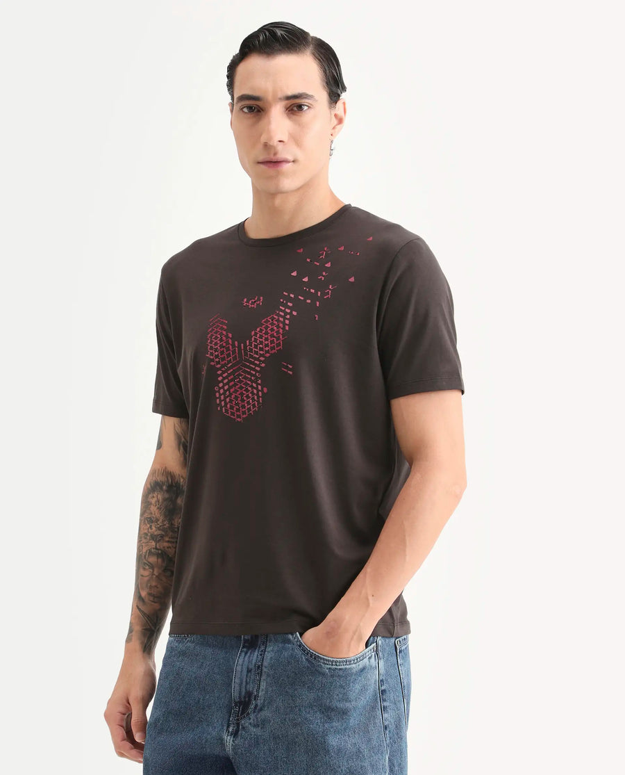 Rare Rabbit Men's Kast Dusky Brown Cotton Blend Fabric Half Sleeve Crew Neck Regular Fit Graphic Print T-Shirt