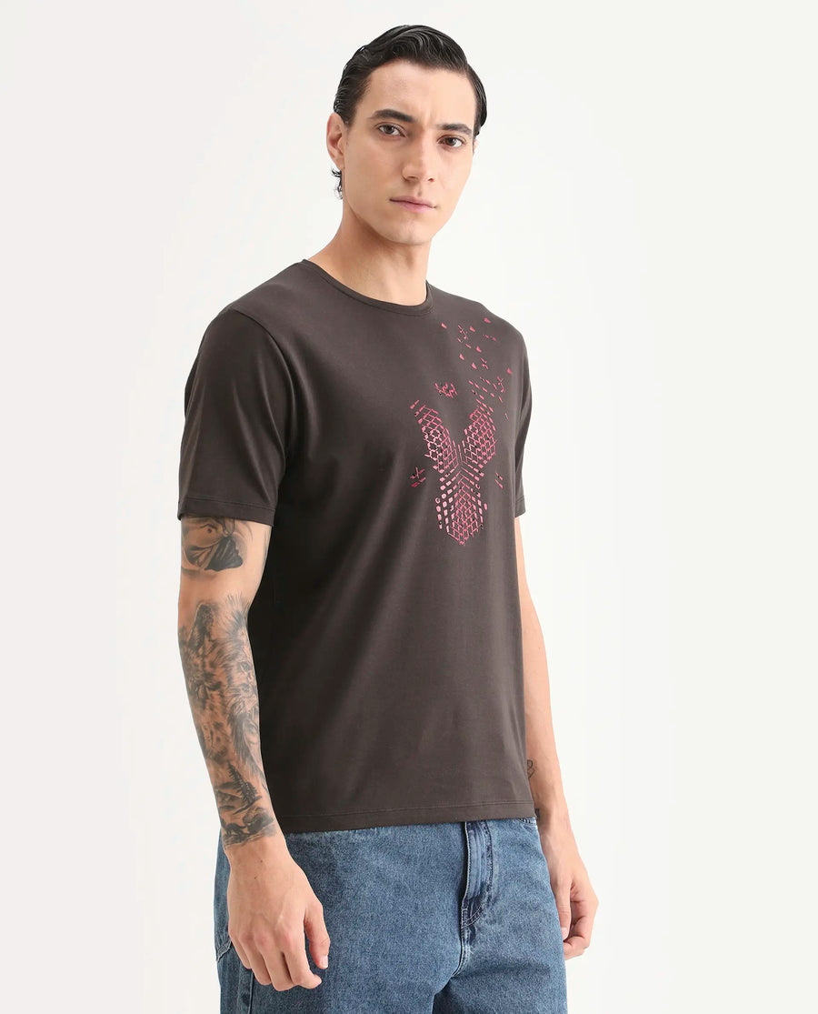 Rare Rabbit Men's Kast Dusky Brown Cotton Blend Fabric Half Sleeve Crew Neck Regular Fit Graphic Print T-Shirt