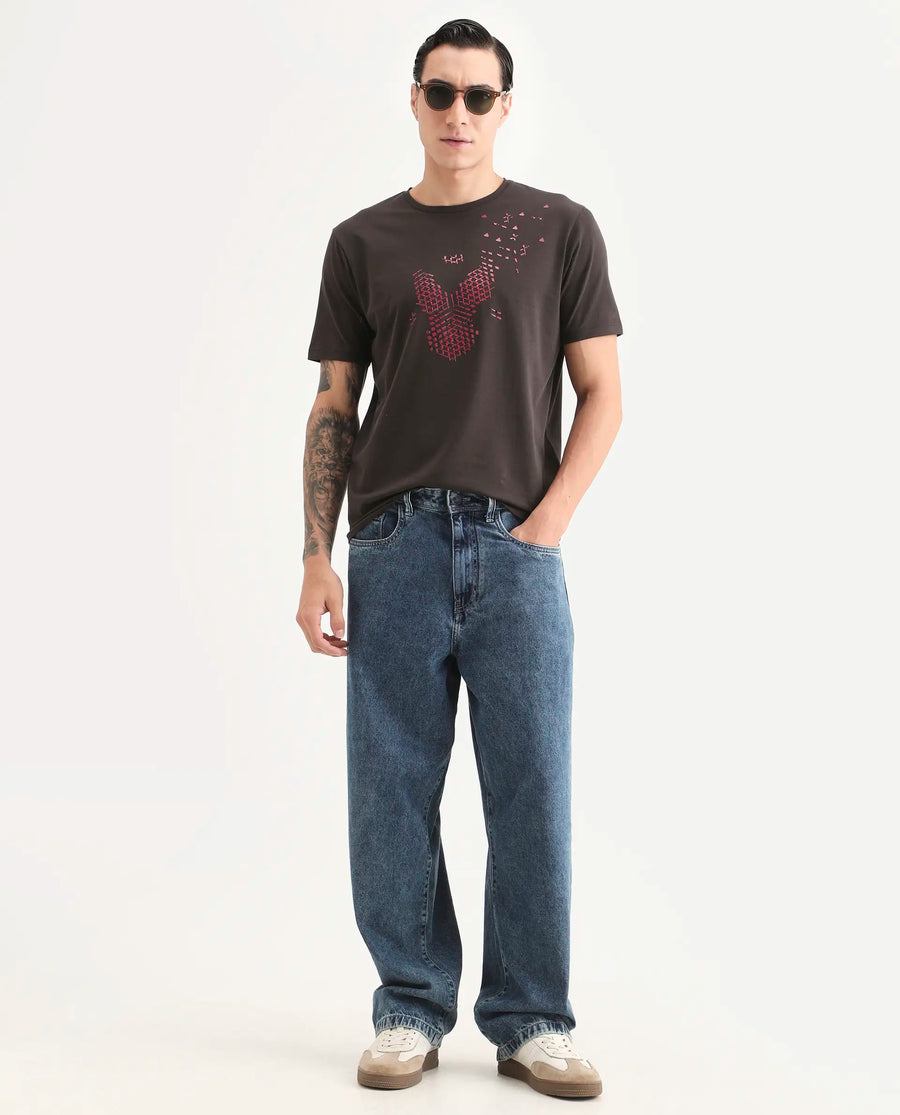 Rare Rabbit Men's Kast Dusky Brown Cotton Blend Fabric Half Sleeve Crew Neck Regular Fit Graphic Print T-Shirt