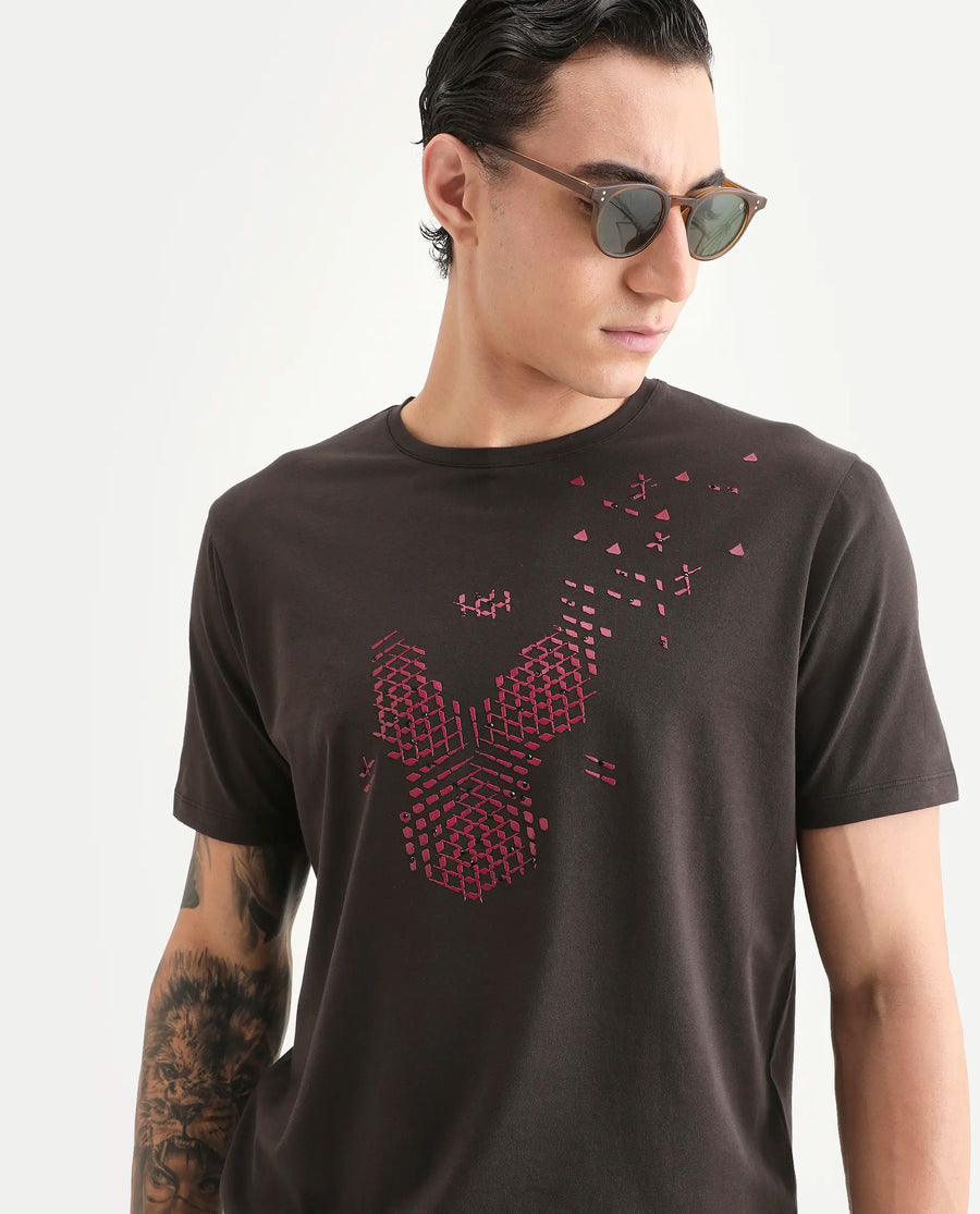 Rare Rabbit Men's Kast Dusky Brown Cotton Blend Fabric Half Sleeve Crew Neck Regular Fit Graphic Print T-Shirt