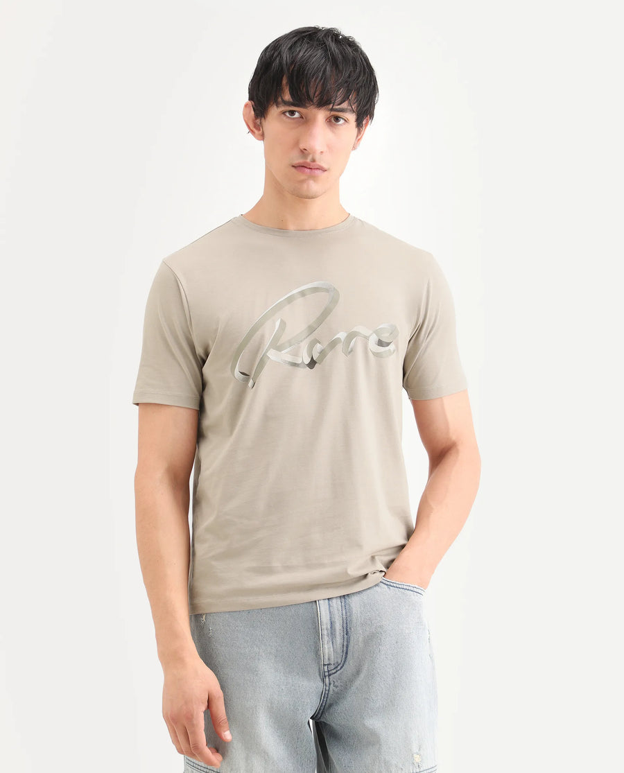 Rare Rabbit Men's Kloz Dusky Beige Cotton Blend Fabric Half Sleeve Crew Neck Regular Fit Graphic Print T-Shirt