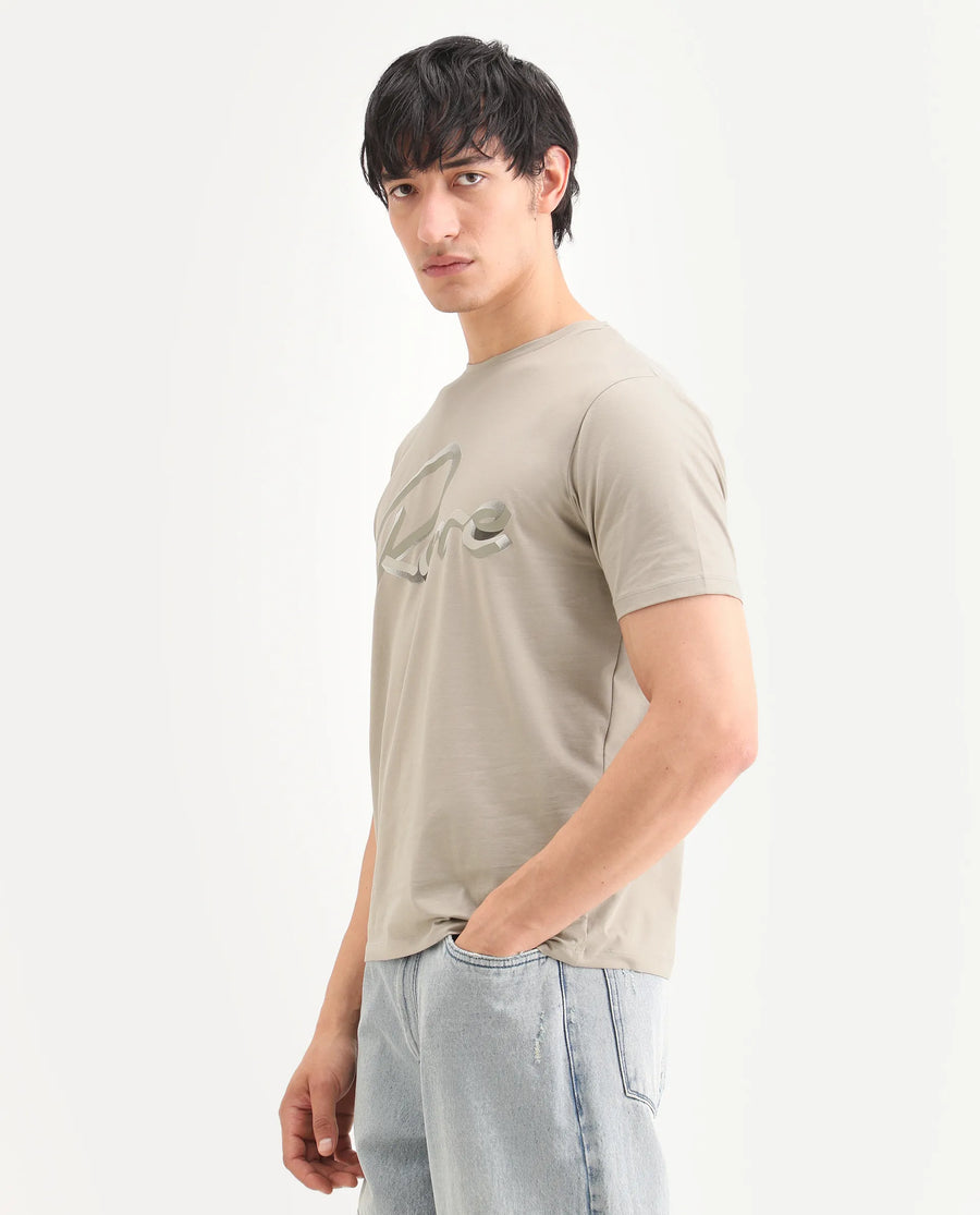 Rare Rabbit Men's Kloz Dusky Beige Cotton Blend Fabric Half Sleeve Crew Neck Regular Fit Graphic Print T-Shirt