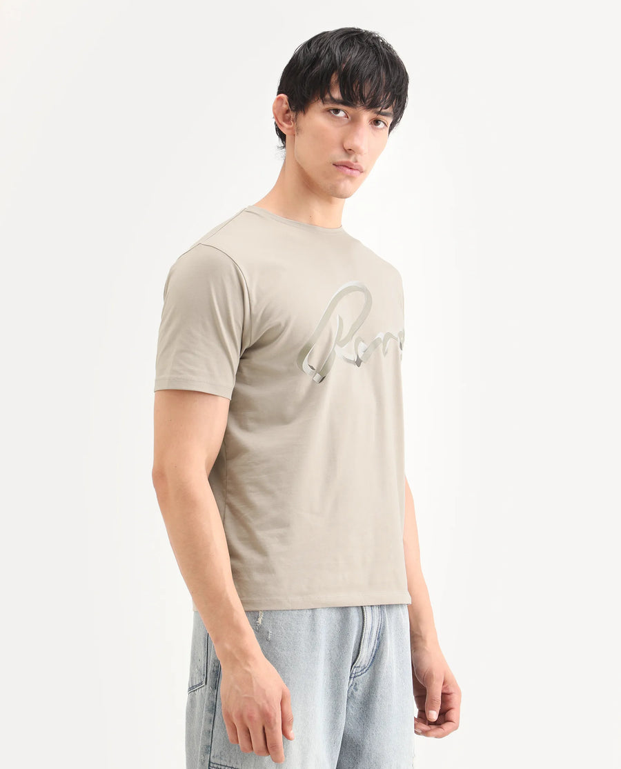 Rare Rabbit Men's Kloz Dusky Beige Cotton Blend Fabric Half Sleeve Crew Neck Regular Fit Graphic Print T-Shirt
