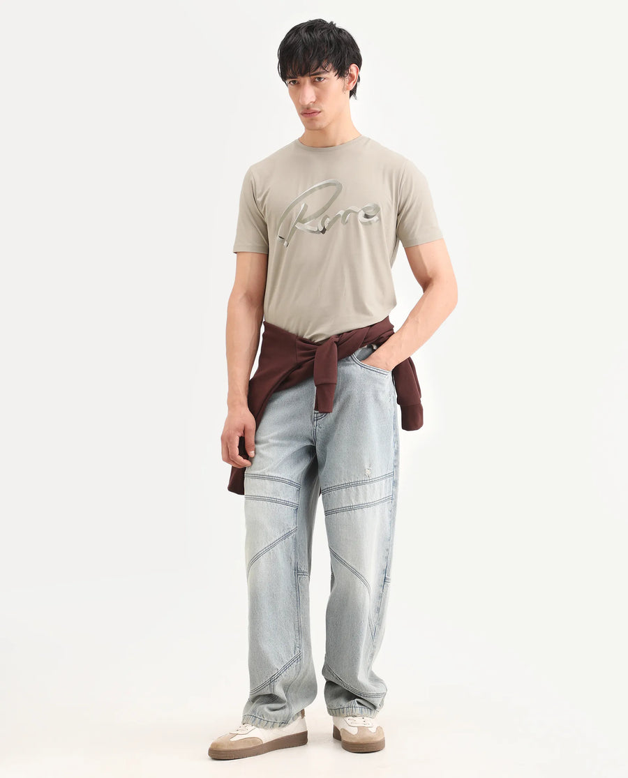Rare Rabbit Men's Kloz Dusky Beige Cotton Blend Fabric Half Sleeve Crew Neck Regular Fit Graphic Print T-Shirt