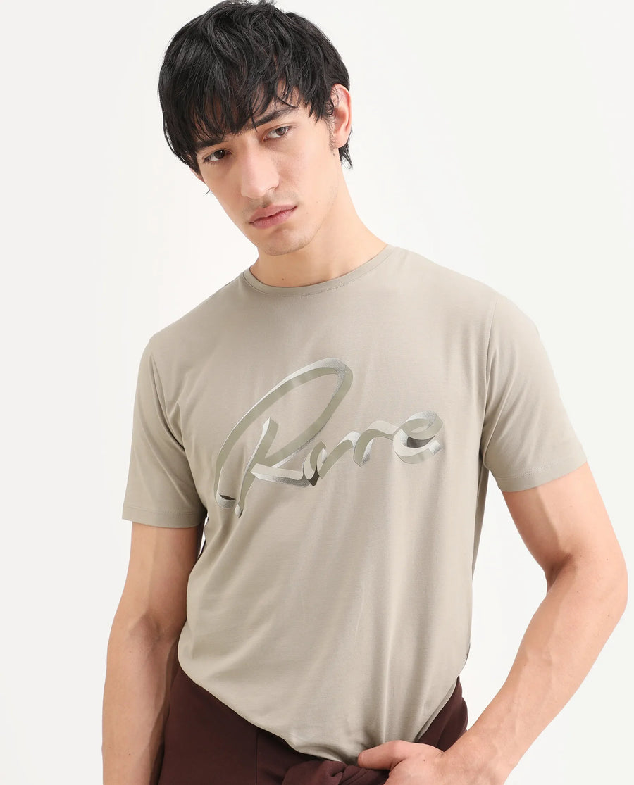 Rare Rabbit Men's Kloz Dusky Beige Cotton Blend Fabric Half Sleeve Crew Neck Regular Fit Graphic Print T-Shirt