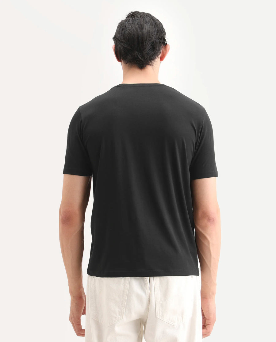 Rare Rabbit Men's Kuho Black Cotton Blend Fabric Half Sleeve Crew Neck Regular Fit Graphic Print T-Shirt