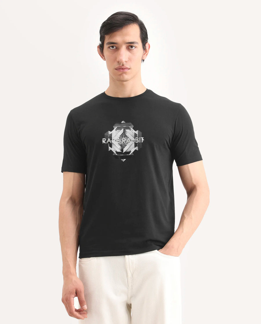 Rare Rabbit Men's Kuho Black Cotton Blend Fabric Half Sleeve Crew Neck Regular Fit Graphic Print T-Shirt