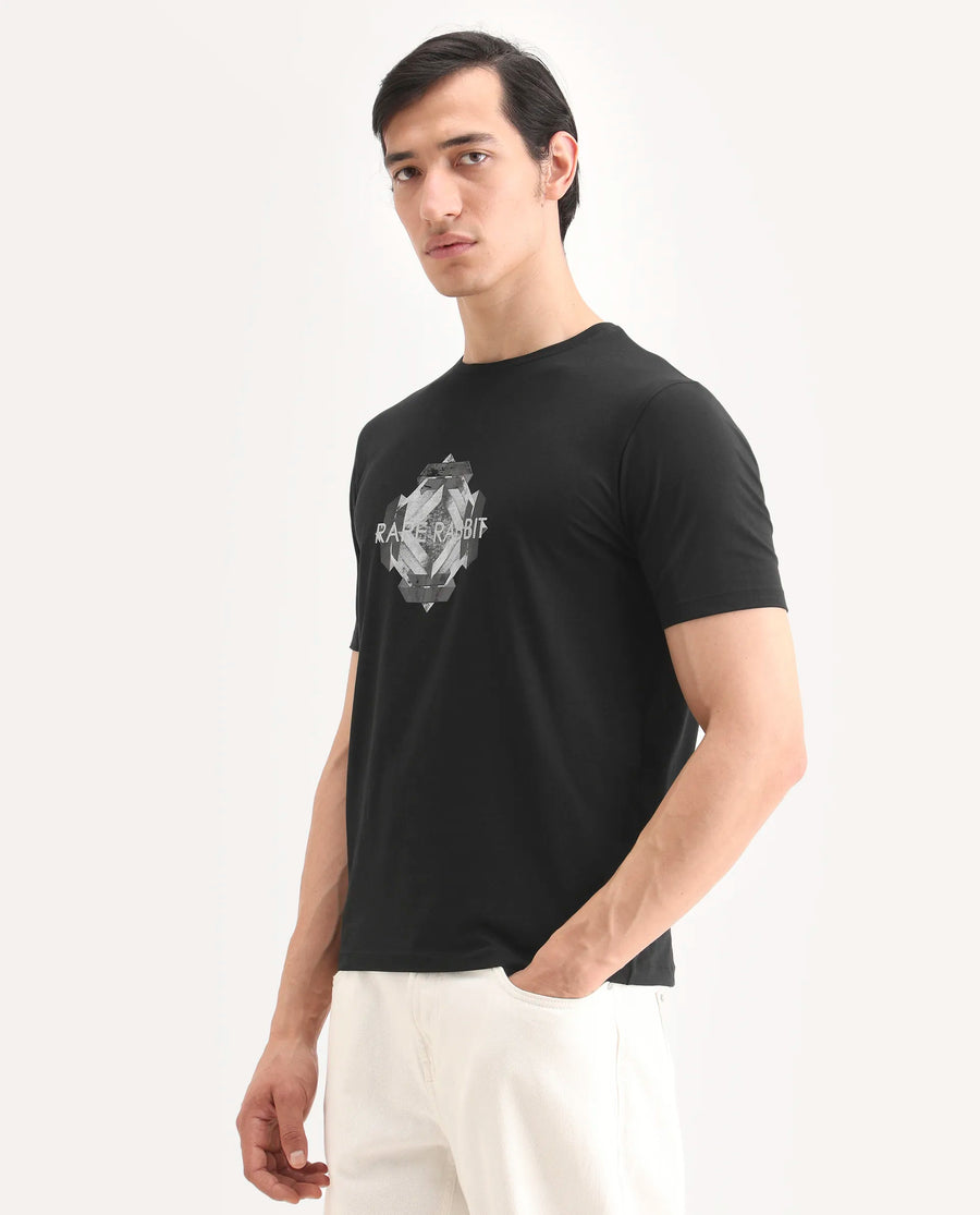 Rare Rabbit Men's Kuho Black Cotton Blend Fabric Half Sleeve Crew Neck Regular Fit Graphic Print T-Shirt
