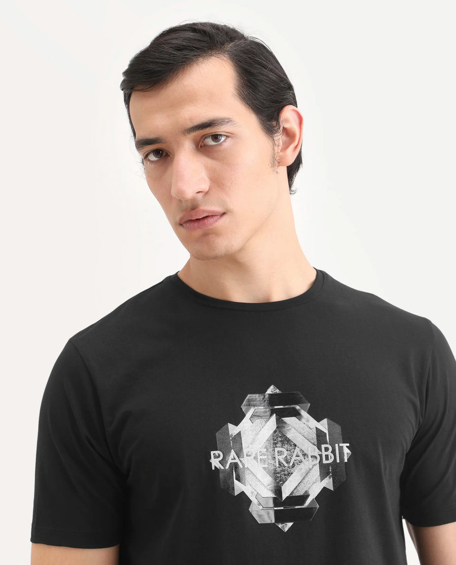 Rare Rabbit Men's Kuho Black Cotton Blend Fabric Half Sleeve Crew Neck Regular Fit Graphic Print T-Shirt