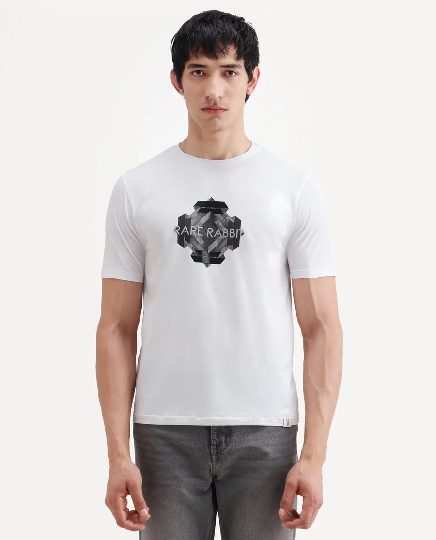 Rare Rabbit Men's Kuho White Cotton Blend Fabric Half Sleeve Crew Neck Regular Fit Graphic Print T-Shirt