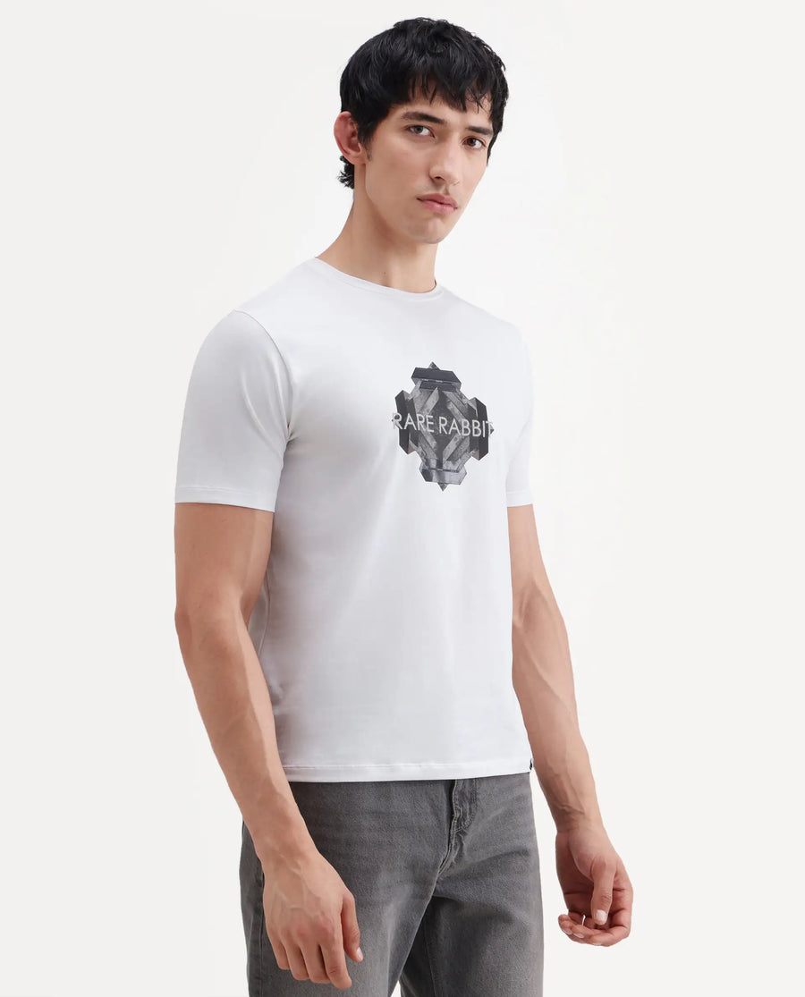 Rare Rabbit Men's Kuho White Cotton Blend Fabric Half Sleeve Crew Neck Regular Fit Graphic Print T-Shirt