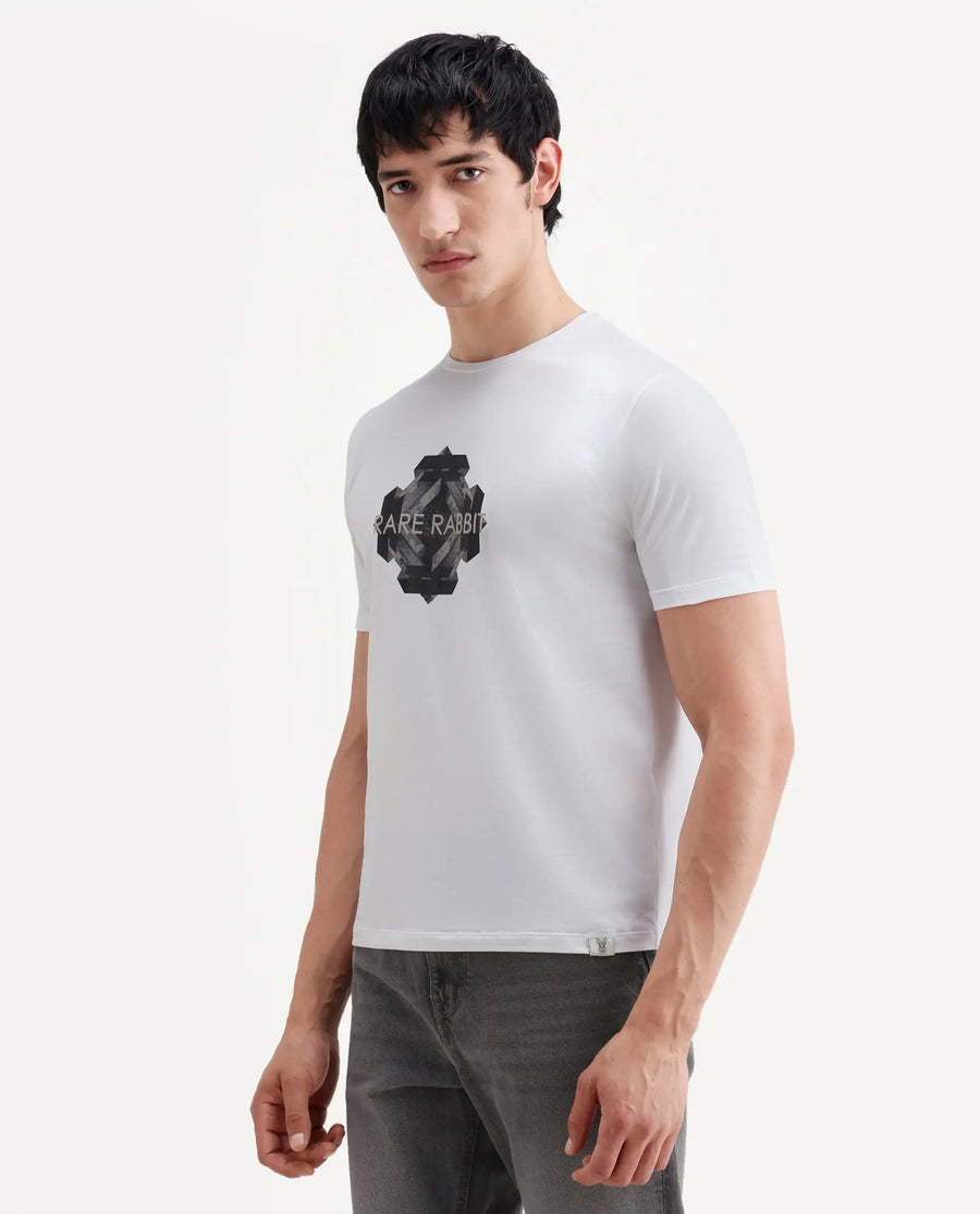 Rare Rabbit Men's Kuho White Cotton Blend Fabric Half Sleeve Crew Neck Regular Fit Graphic Print T-Shirt