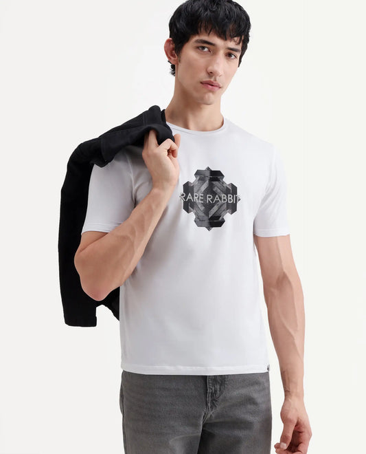 Rare Rabbit Men's Kuho White Cotton Blend Fabric Half Sleeve Crew Neck Regular Fit Graphic Print T-Shirt