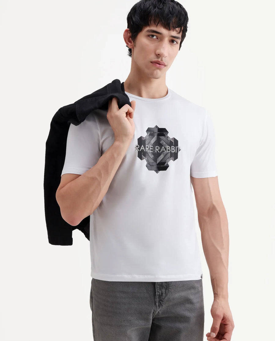 Rare Rabbit Men's Kuho White Cotton Blend Fabric Half Sleeve Crew Neck Regular Fit Graphic Print T-Shirt