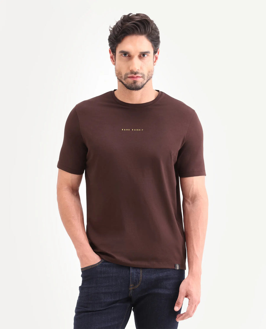 Rare Rabbit Men's Rabbit-26 Dark Brown Cotton Blend Fabric Half Sleeve Crew Neck Regular Fit Graphic Print T-Shirt