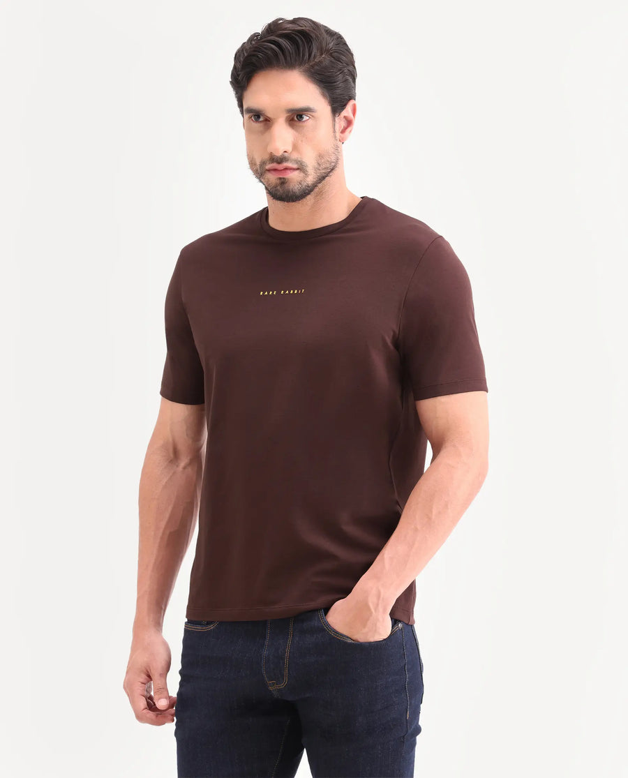Rare Rabbit Men's Rabbit-26 Dark Brown Cotton Blend Fabric Half Sleeve Crew Neck Regular Fit Graphic Print T-Shirt