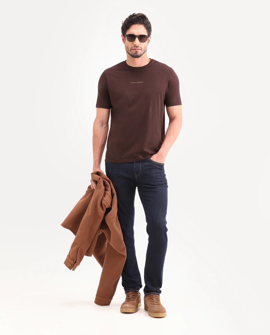 Rare Rabbit Men's Rabbit-26 Dark Brown Cotton Blend Fabric Half Sleeve Crew Neck Regular Fit Graphic Print T-Shirt