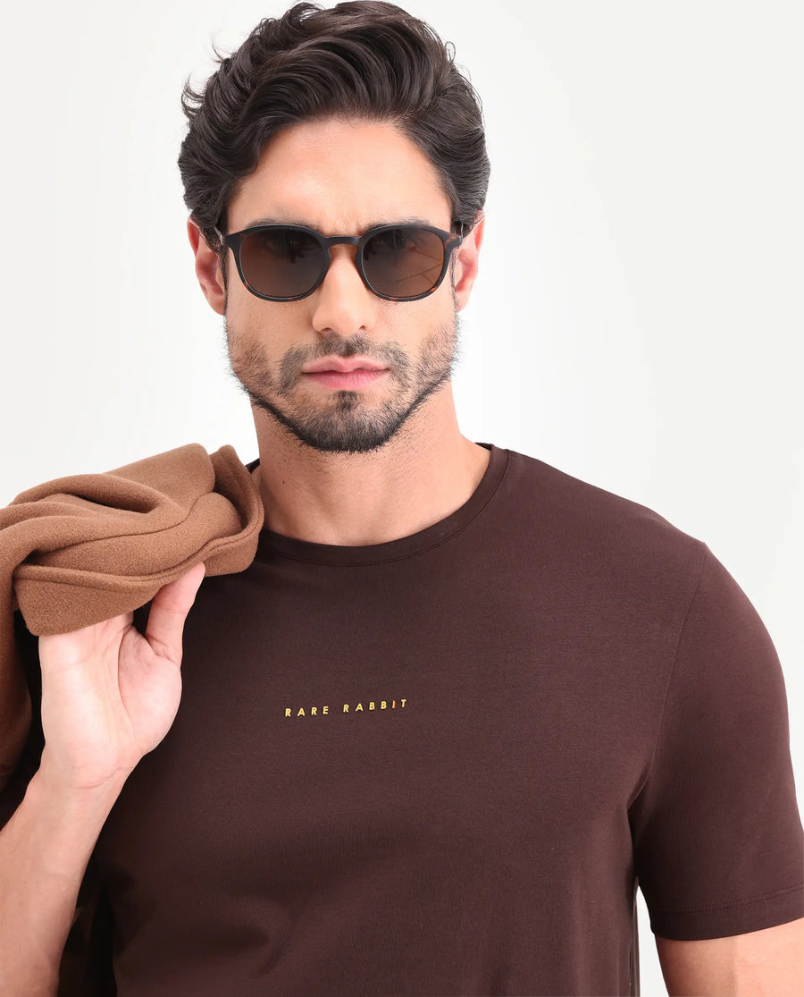 Rare Rabbit Men's Rabbit-26 Dark Brown Cotton Blend Fabric Half Sleeve Crew Neck Regular Fit Graphic Print T-Shirt