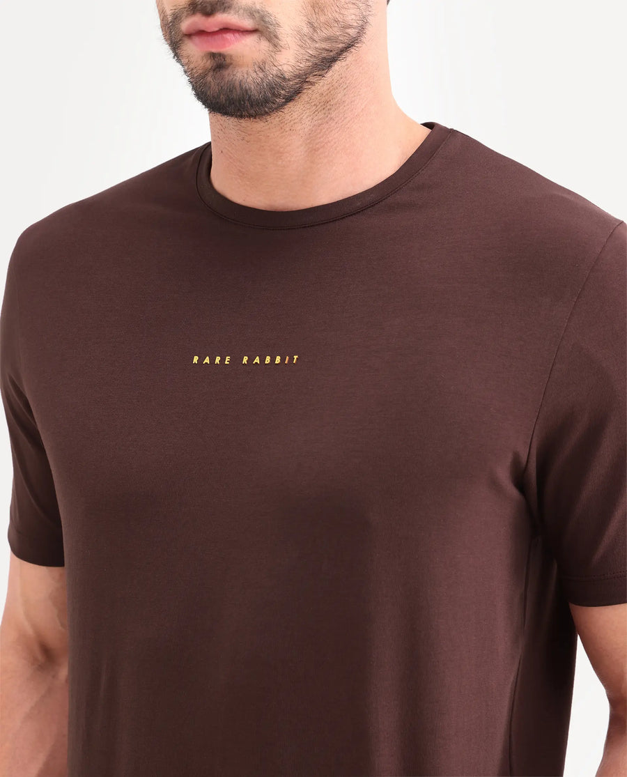 Rare Rabbit Men's Rabbit-26 Dark Brown Cotton Blend Fabric Half Sleeve Crew Neck Regular Fit Graphic Print T-Shirt