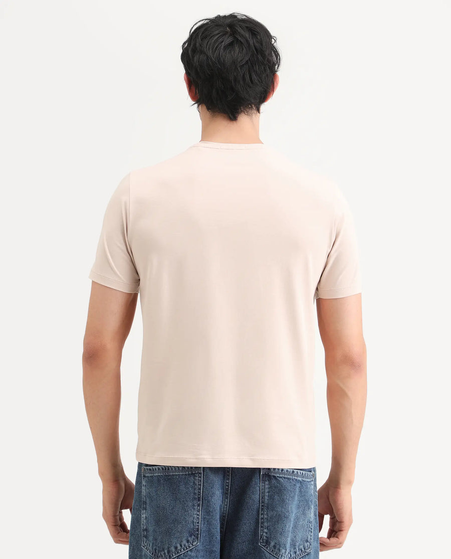 Rare Rabbit Men's Lan Pastel Orange Cotton Blend Fabric Half Sleeve Crew Neck Regular Fit Graphic Print T-Shirt