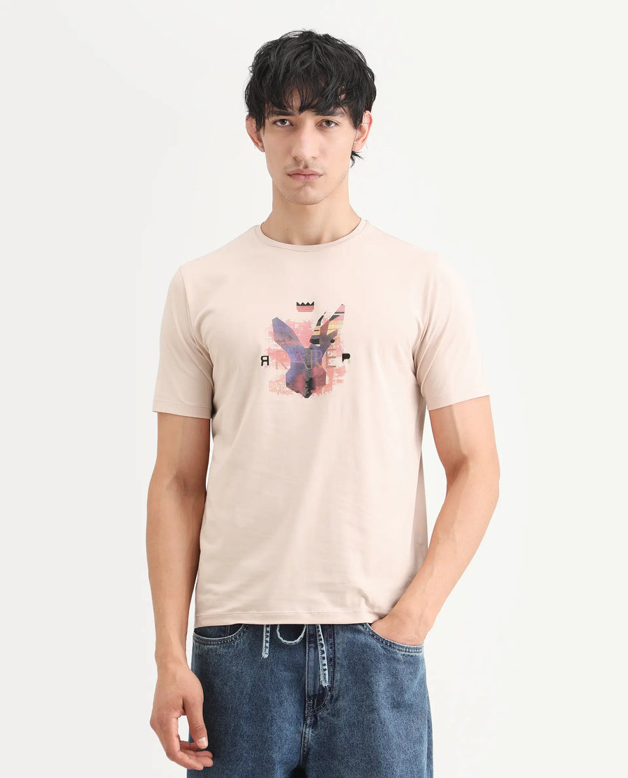 Rare Rabbit Men's Lan Pastel Orange Cotton Blend Fabric Half Sleeve Crew Neck Regular Fit Graphic Print T-Shirt