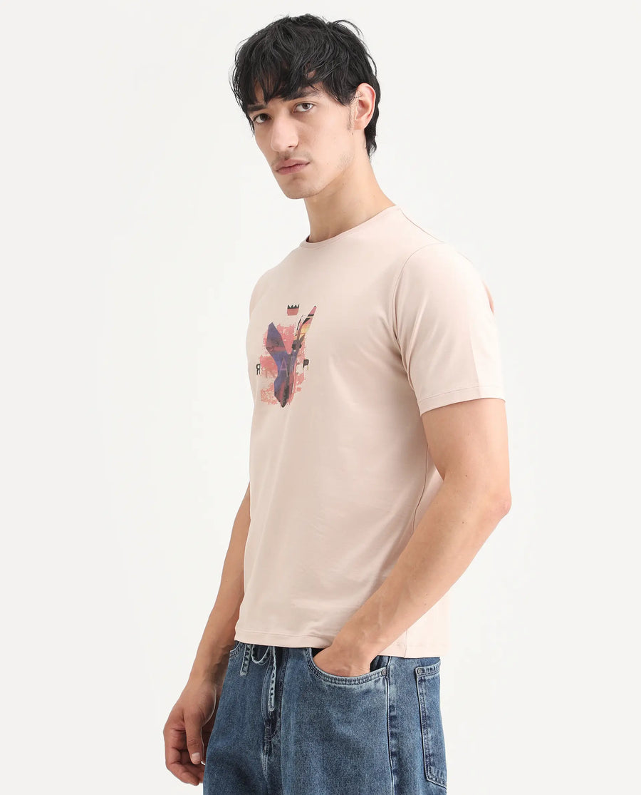 Rare Rabbit Men's Lan Pastel Orange Cotton Blend Fabric Half Sleeve Crew Neck Regular Fit Graphic Print T-Shirt