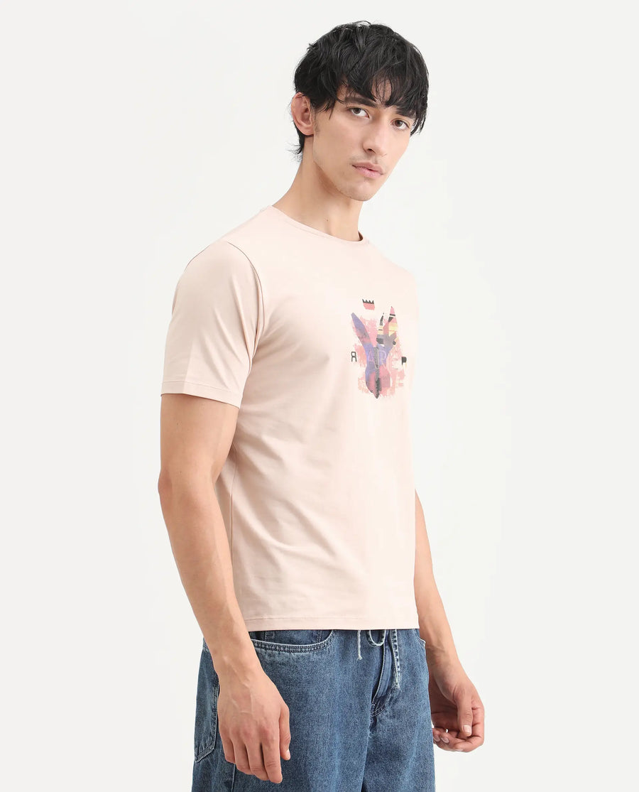 Rare Rabbit Men's Lan Pastel Orange Cotton Blend Fabric Half Sleeve Crew Neck Regular Fit Graphic Print T-Shirt