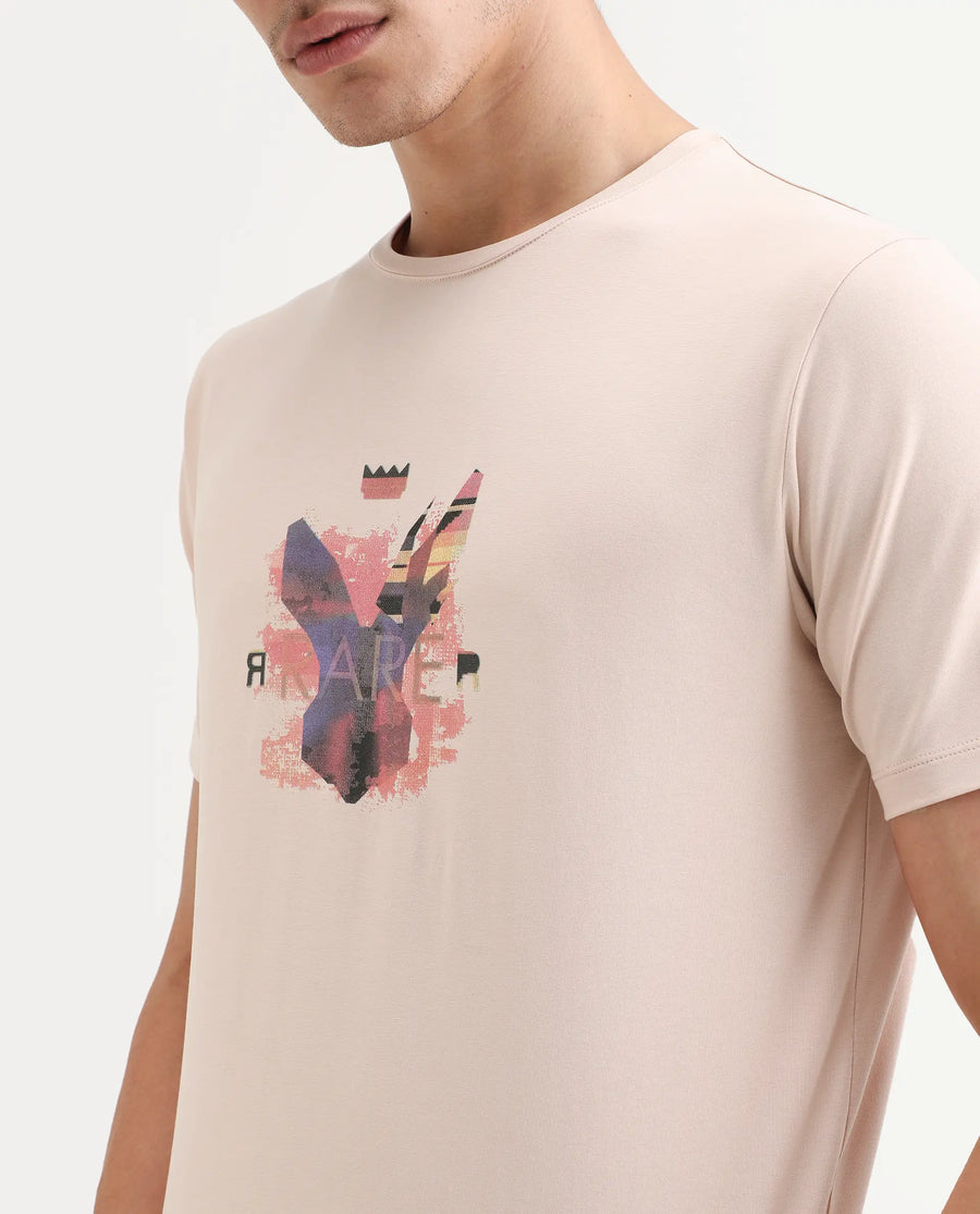 Rare Rabbit Men's Lan Pastel Orange Cotton Blend Fabric Half Sleeve Crew Neck Regular Fit Graphic Print T-Shirt