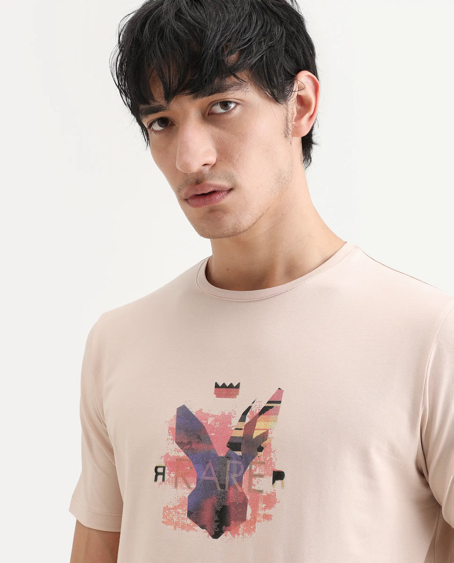 Rare Rabbit Men's Lan Pastel Orange Cotton Blend Fabric Half Sleeve Crew Neck Regular Fit Graphic Print T-Shirt