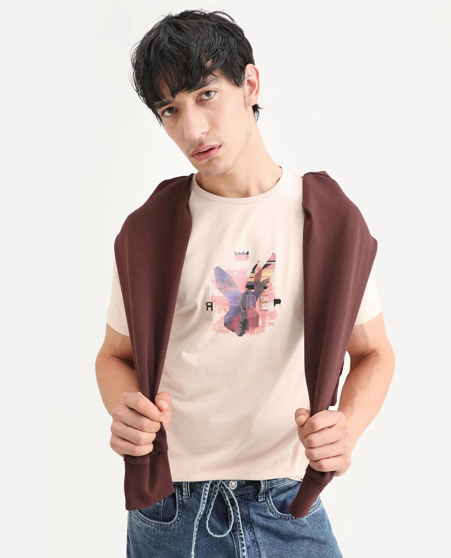 Rare Rabbit Men's Lan Pastel Orange Cotton Blend Fabric Half Sleeve Crew Neck Regular Fit Graphic Print T-Shirt