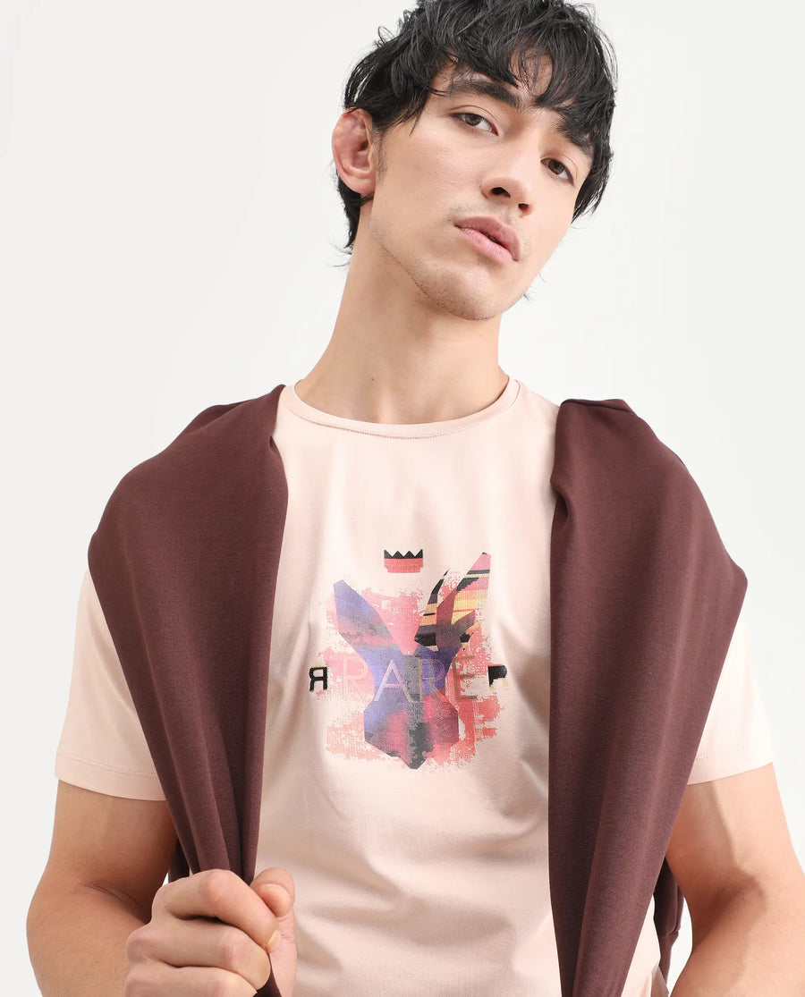 Rare Rabbit Men's Lan Pastel Orange Cotton Blend Fabric Half Sleeve Crew Neck Regular Fit Graphic Print T-Shirt
