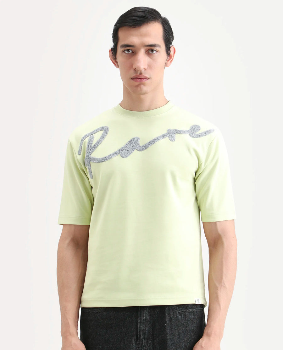Rare Rabbit Men's Lerc-S26 Flouroscent Yellow Cotton Blend Fabric Half Sleeve Crew Neck Oversize Embroidered T-Shirt
