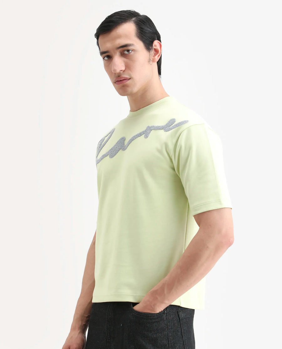 Rare Rabbit Men's Lerc-S26 Flouroscent Yellow Cotton Blend Fabric Half Sleeve Crew Neck Oversize Embroidered T-Shirt