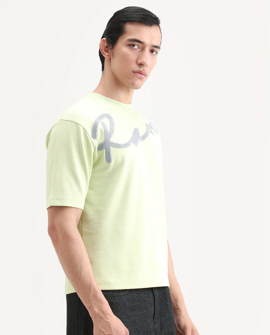 Rare Rabbit Men's Lerc-S26 Flouroscent Yellow Cotton Blend Fabric Half Sleeve Crew Neck Oversize Embroidered T-Shirt