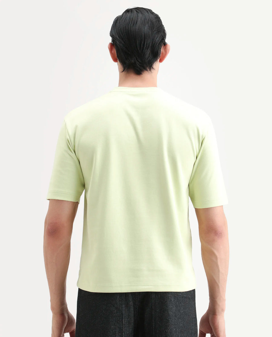 Rare Rabbit Men's Lerc-S26 Flouroscent Yellow Cotton Blend Fabric Half Sleeve Crew Neck Oversize Embroidered T-Shirt