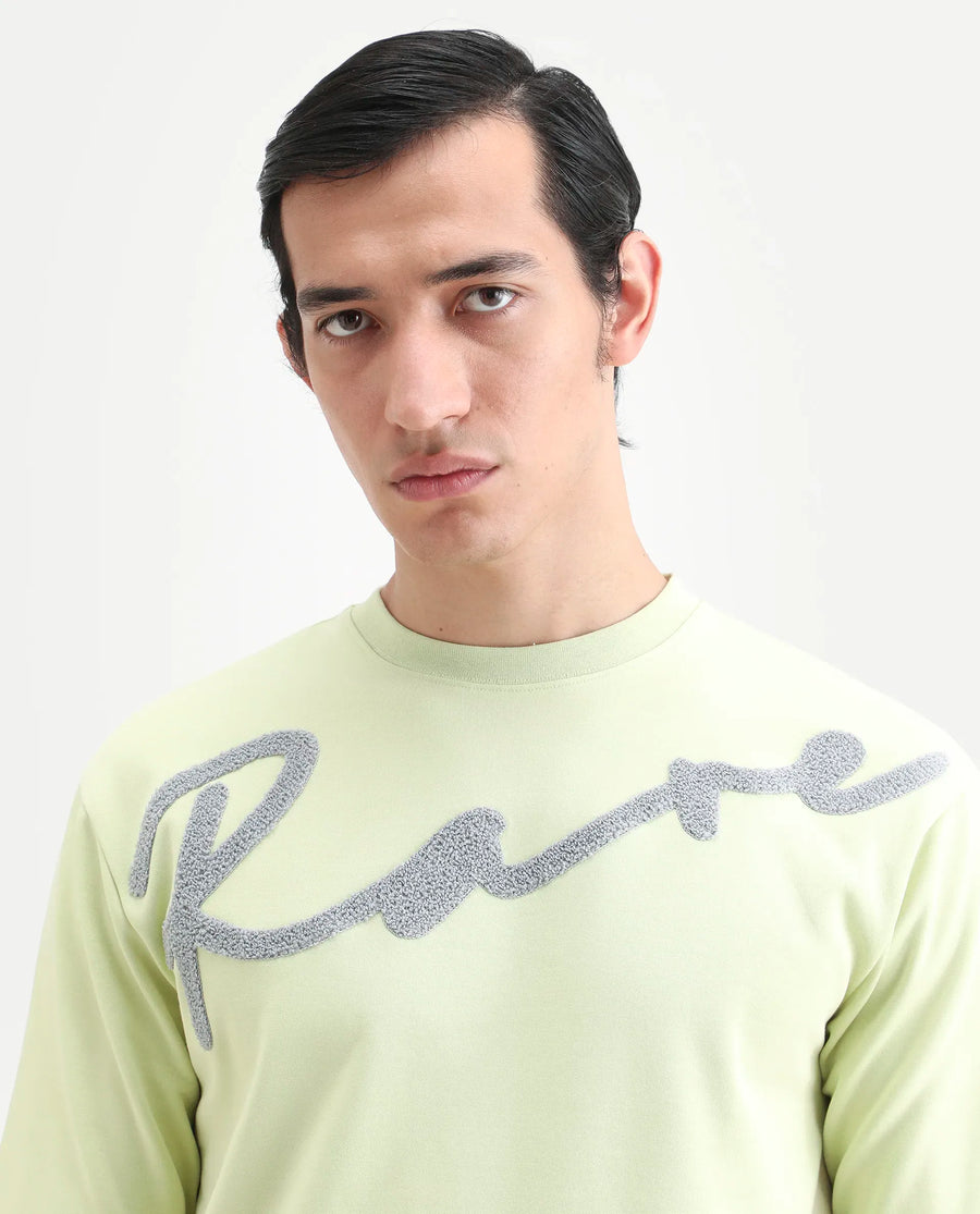 Rare Rabbit Men's Lerc-S26 Flouroscent Yellow Cotton Blend Fabric Half Sleeve Crew Neck Oversize Embroidered T-Shirt