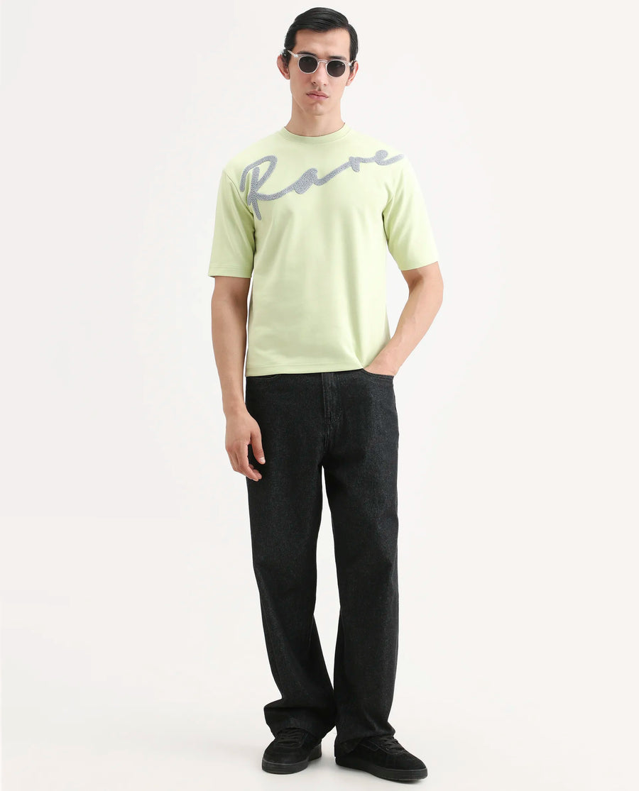 Rare Rabbit Men's Lerc-S26 Flouroscent Yellow Cotton Blend Fabric Half Sleeve Crew Neck Oversize Embroidered T-Shirt
