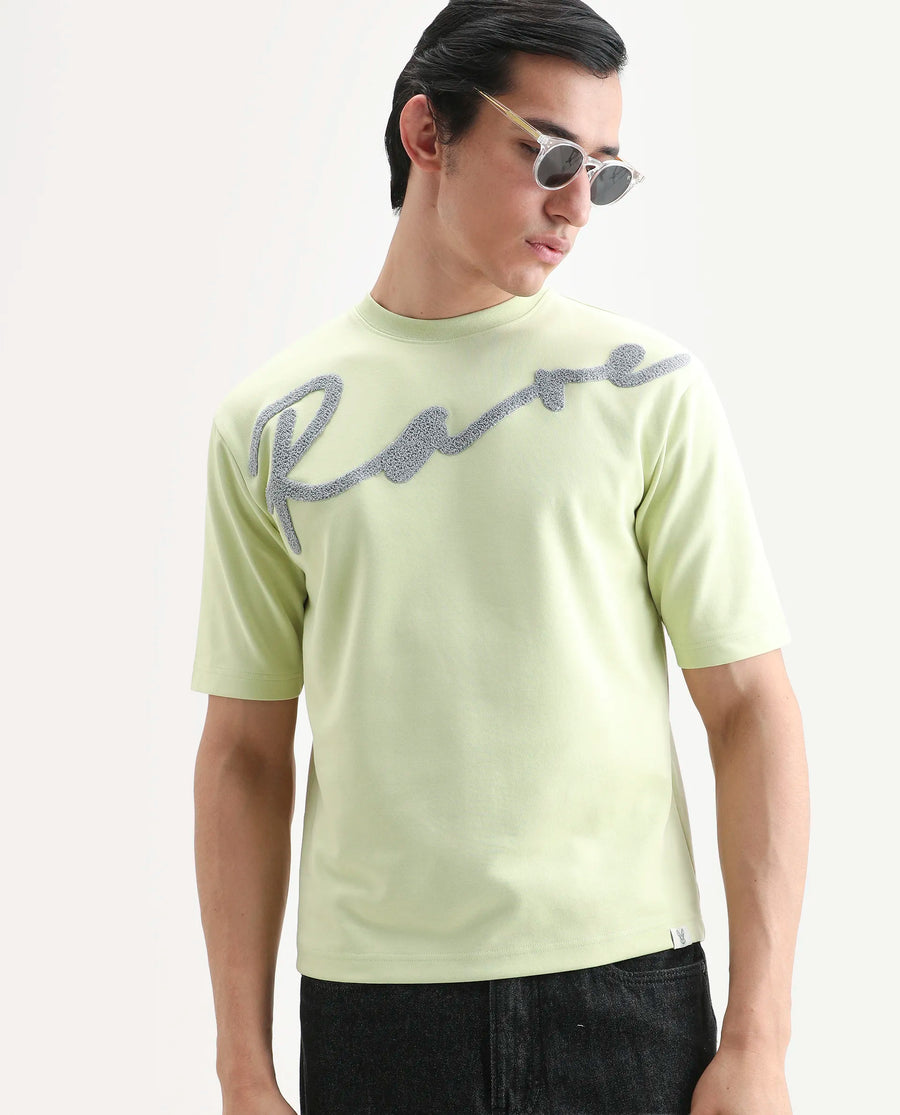 Rare Rabbit Men's Lerc-S26 Flouroscent Yellow Cotton Blend Fabric Half Sleeve Crew Neck Oversize Embroidered T-Shirt