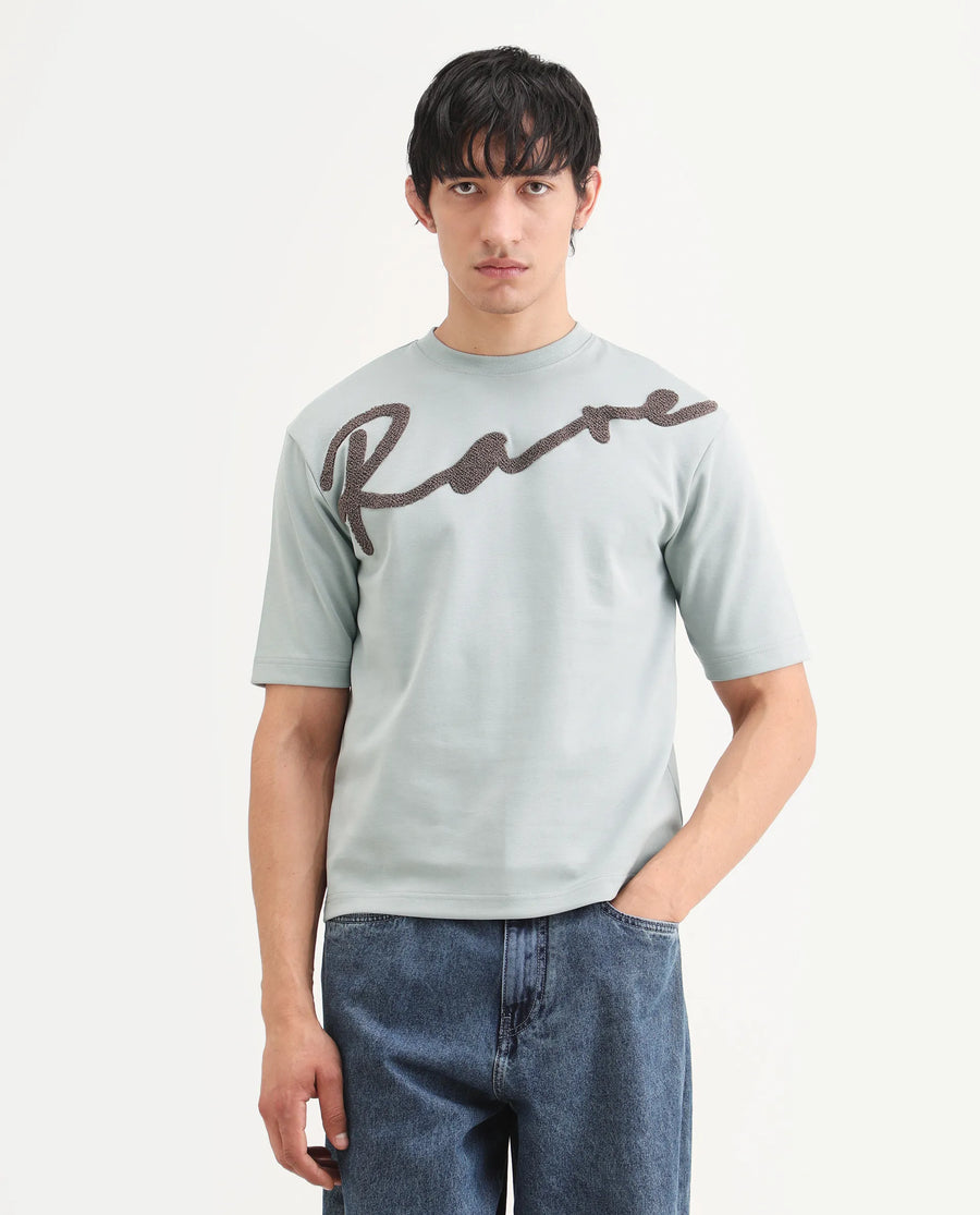 Rare Rabbit Men's Lerc-S26 Dusky Blue Cotton Blend Fabric Half Sleeve Crew Neck Oversize Embroidered T-Shirt