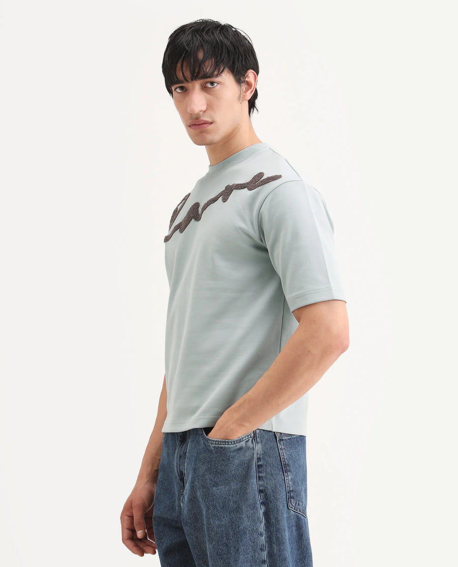 Rare Rabbit Men's Lerc-S26 Dusky Blue Cotton Blend Fabric Half Sleeve Crew Neck Oversize Embroidered T-Shirt