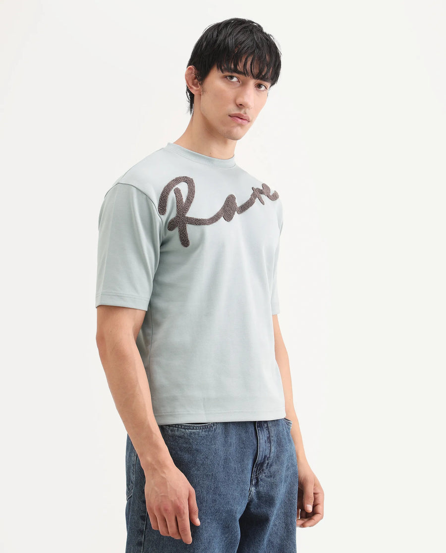 Rare Rabbit Men's Lerc-S26 Dusky Blue Cotton Blend Fabric Half Sleeve Crew Neck Oversize Embroidered T-Shirt