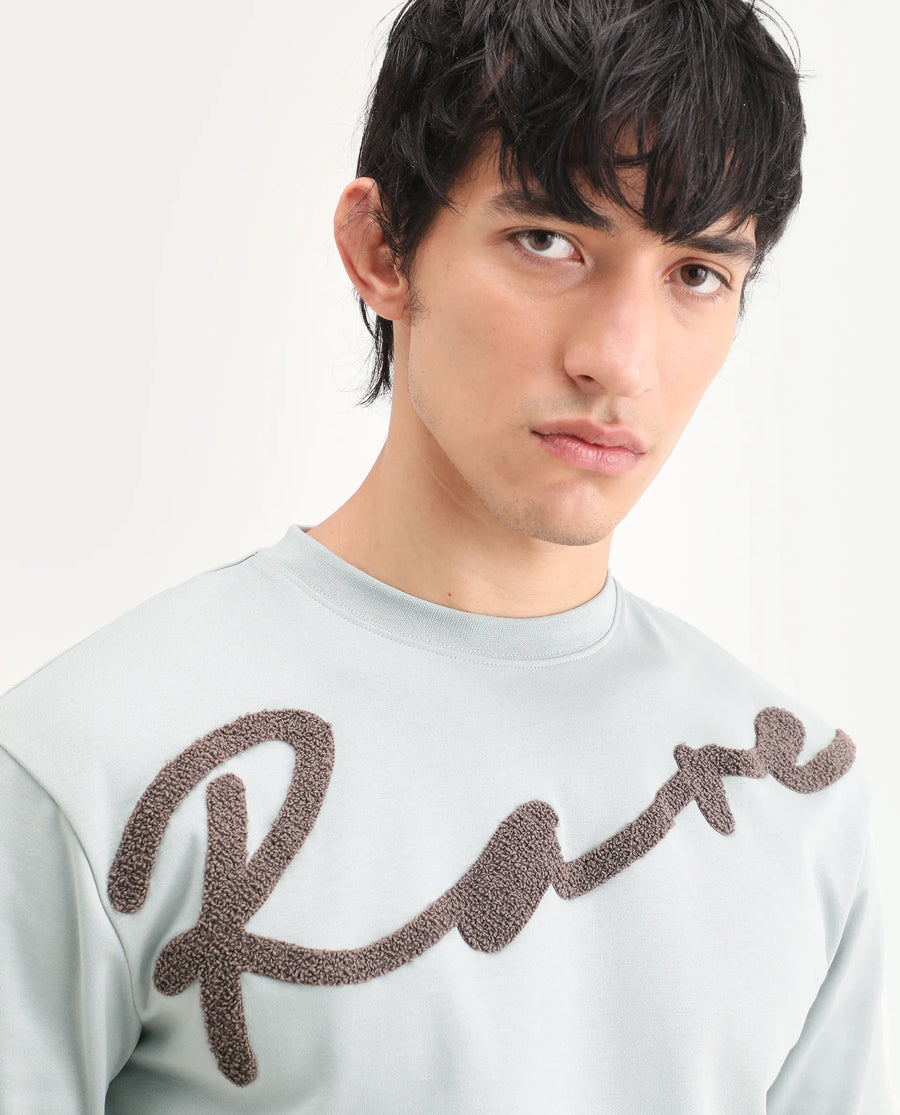 Rare Rabbit Men's Lerc-S26 Dusky Blue Cotton Blend Fabric Half Sleeve Crew Neck Oversize Embroidered T-Shirt