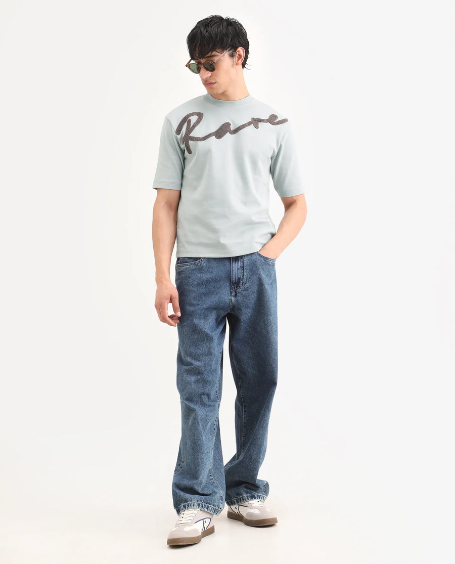 Rare Rabbit Men's Lerc-S26 Dusky Blue Cotton Blend Fabric Half Sleeve Crew Neck Oversize Embroidered T-Shirt
